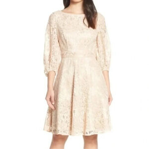 Eliza J | Cream Tan Lace Fit & Flare Puff 3/4 Sleeve Cocktail Dress Size 8 NWT